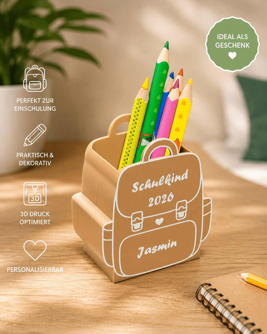 Personalierter Stiftehalter Schulranzen – Geschenk zur Einschulung mit Name & Jahr - DIMMEL.design